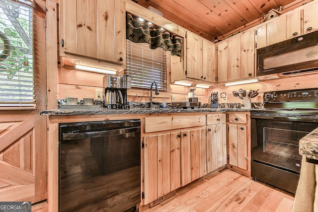 kitchen with wooden ceiling, sink, black appliances, light brown cabinetry, and light wood-type flooring