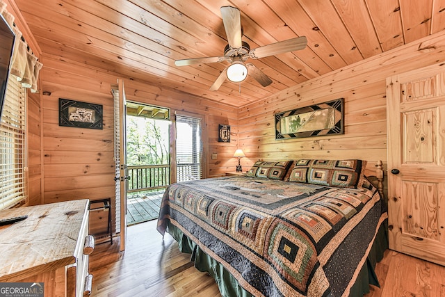 bedroom with light wood-type flooring, wooden walls, wood ceiling, and ceiling fan