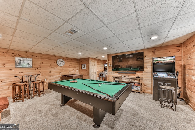 playroom featuring wood walls, pool table, and carpet