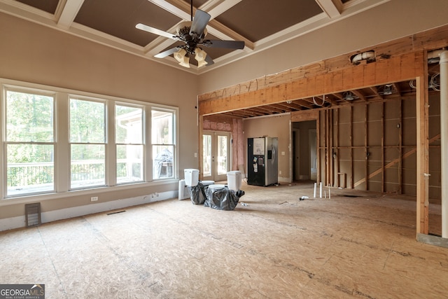 miscellaneous room with coffered ceiling, crown molding, ceiling fan, and beamed ceiling