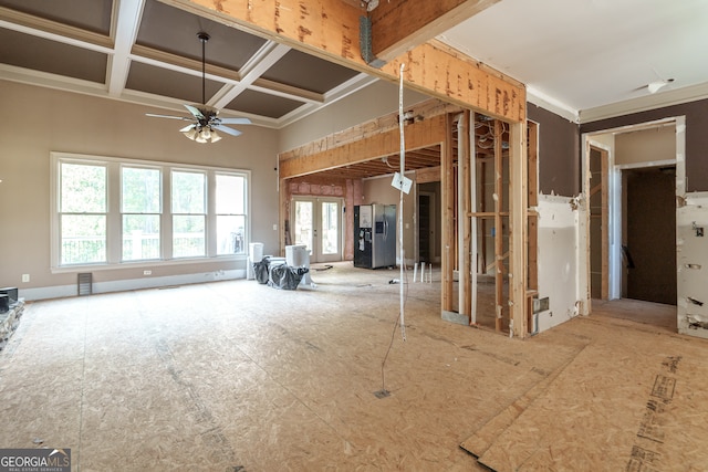 miscellaneous room featuring coffered ceiling, french doors, and ceiling fan