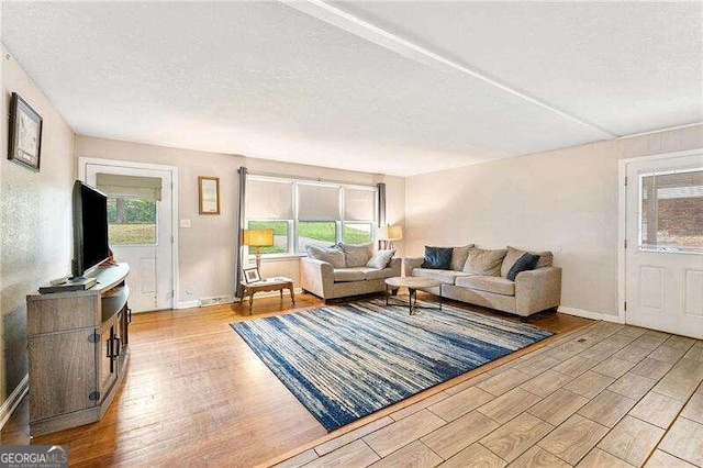 living room featuring light hardwood / wood-style flooring and a textured ceiling