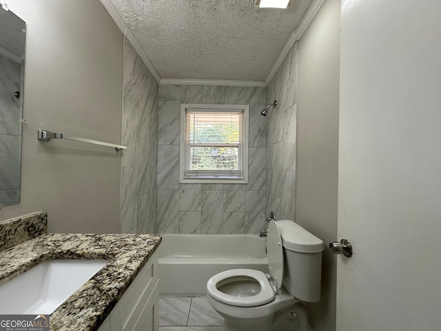 full bathroom featuring tiled shower / bath, ornamental molding, a textured ceiling, vanity, and toilet