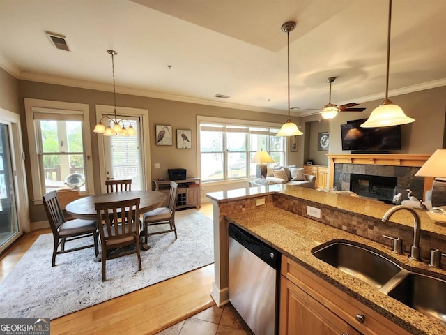 kitchen with a fireplace, stainless steel dishwasher, a healthy amount of sunlight, and light wood-type flooring