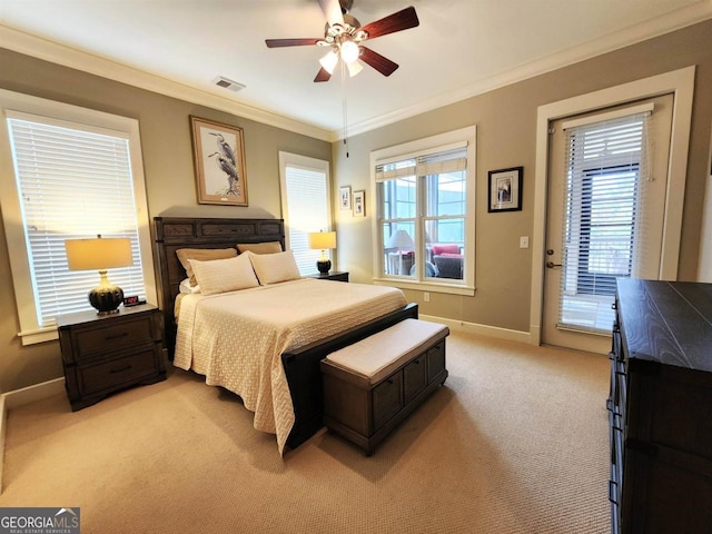 bedroom with access to outside, ceiling fan, ornamental molding, and light colored carpet