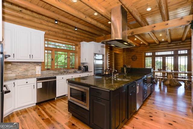 kitchen featuring stainless steel appliances, a healthy amount of sunlight, and light hardwood / wood-style flooring