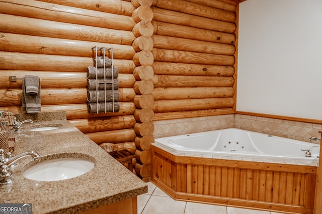 bathroom featuring a tub, tile patterned floors, and log walls