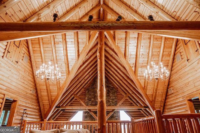 details featuring wood ceiling and an inviting chandelier