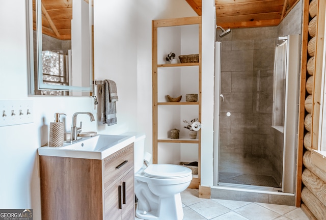 bathroom featuring walk in shower, vanity, toilet, and tile patterned floors