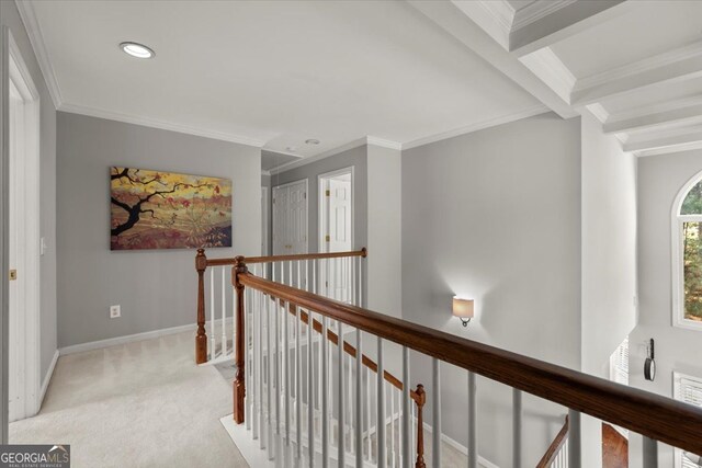 5 Arabian Ave, Alpharetta, GA 30004 - hall with ornamental molding, an upstairs landing, and light colored carpet