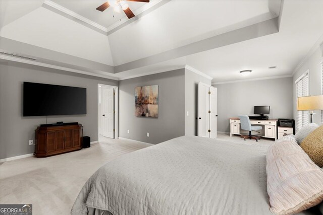 5 Arabian Ave, Alpharetta, GA 30004 - bedroom with baseboards, visible vents, crown molding, a raised ceiling, and light carpet