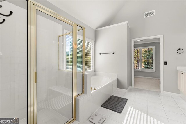 5 Arabian Ave, Alpharetta, GA 30004 - full bathroom with vaulted ceiling, a stall shower, a garden tub, and visible vents