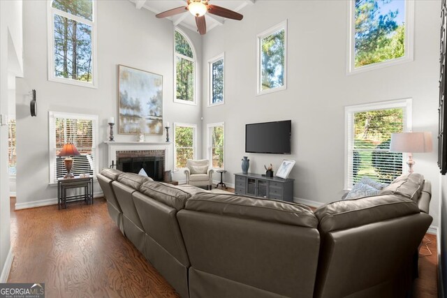 5 Arabian Ave, Alpharetta, GA 30004 - living area with a fireplace, a high ceiling, a wealth of natural light, and wood finished floors