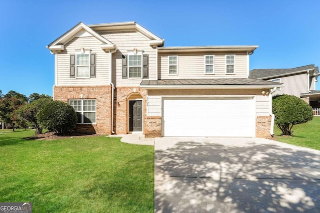 view of property with a garage and a front lawn