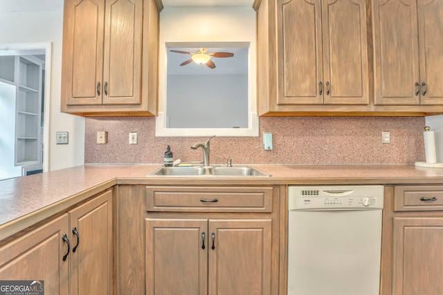 kitchen with ceiling fan, sink, dishwasher, and tasteful backsplash