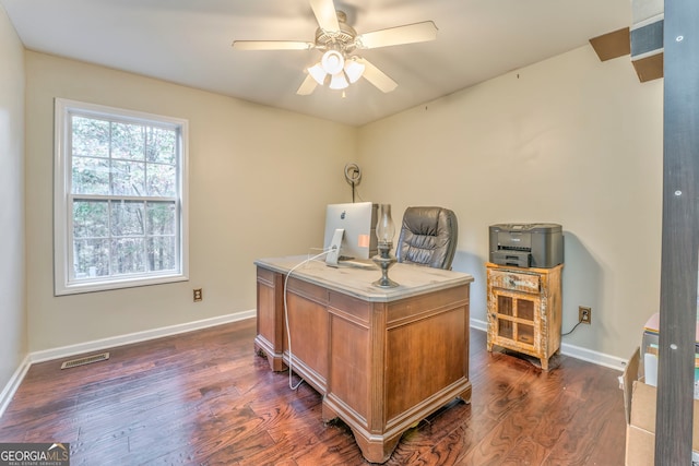 office area featuring dark wood-type flooring and ceiling fan