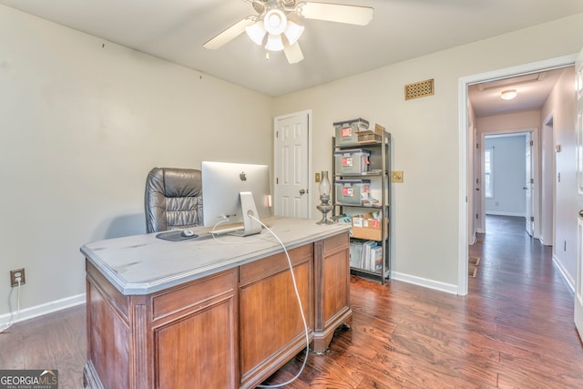 office featuring dark hardwood / wood-style floors and ceiling fan