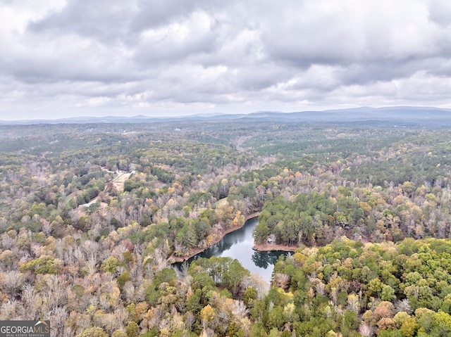 bird's eye view featuring a water and mountain view