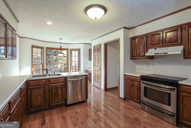 kitchen featuring stainless steel appliances, crown molding, sink, light hardwood / wood-style flooring, and hanging light fixtures