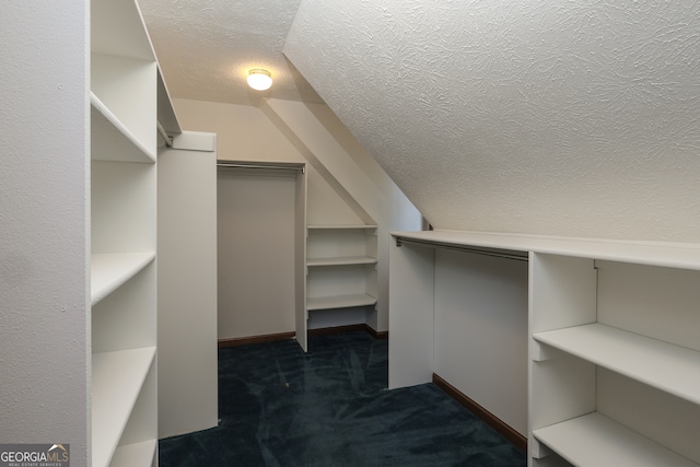 spacious closet featuring dark colored carpet and vaulted ceiling