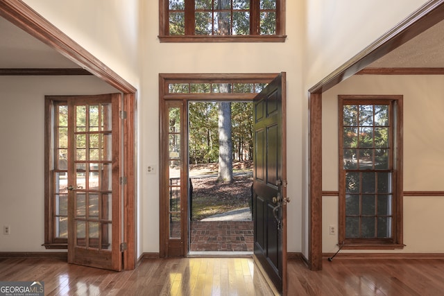 entrance foyer with hardwood / wood-style floors, ornamental molding, and a healthy amount of sunlight