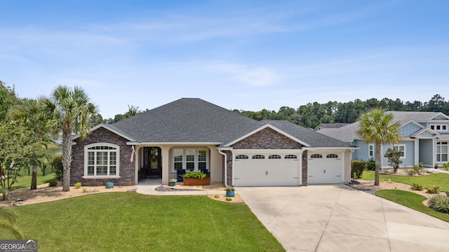 view of front of property with a garage and a front lawn