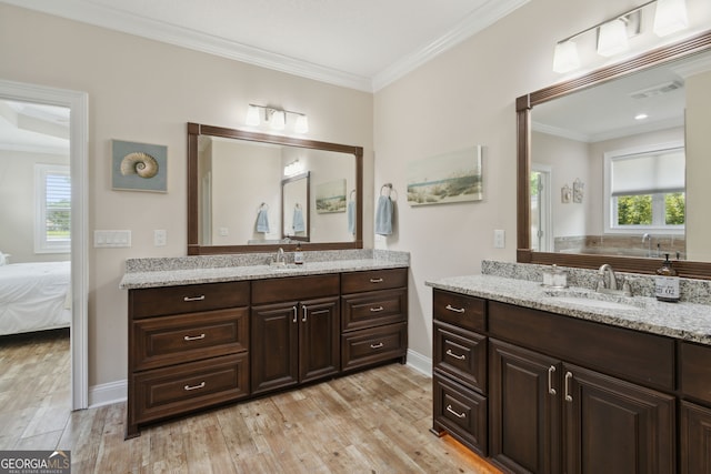 bathroom featuring wood-type flooring, vanity, and crown molding