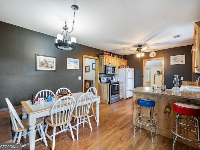 kitchen with appliances with stainless steel finishes, ceiling fan with notable chandelier, decorative light fixtures, light hardwood / wood-style flooring, and stone counters