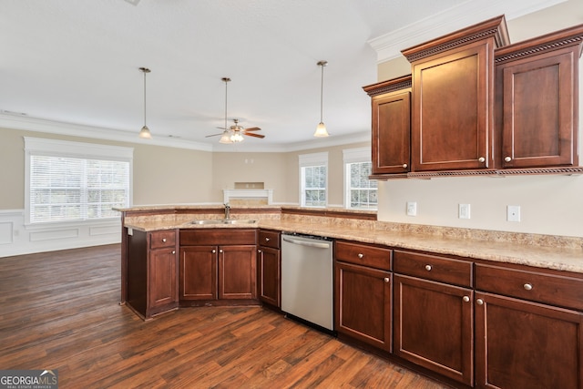 kitchen featuring dishwasher, dark wood-type flooring, a wealth of natural light, and crown molding