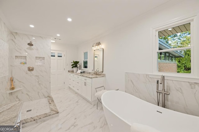 bathroom featuring ornamental molding, vanity, and independent shower and bath