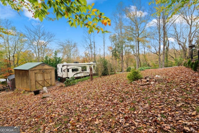 view of yard featuring a shed