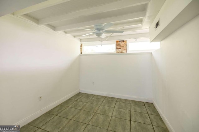 spare room with beamed ceiling, ceiling fan, and tile patterned flooring