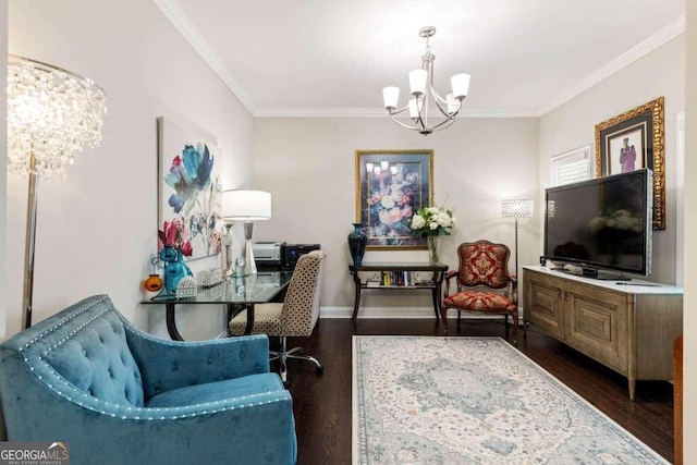 office area featuring dark hardwood / wood-style flooring, a chandelier, and crown molding