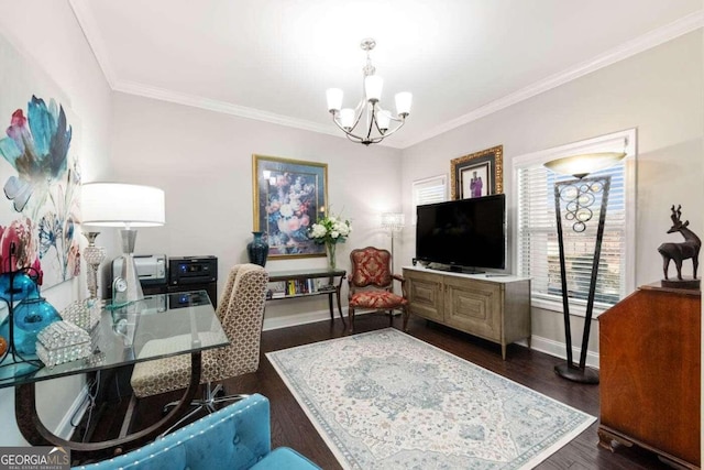 office space featuring dark hardwood / wood-style floors, crown molding, and an inviting chandelier