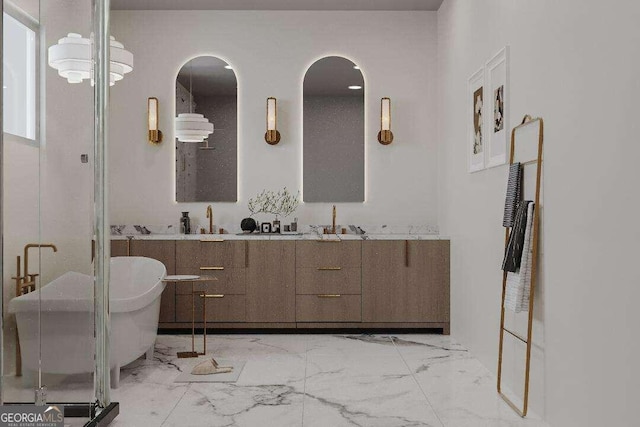 bathroom with vanity and a washtub