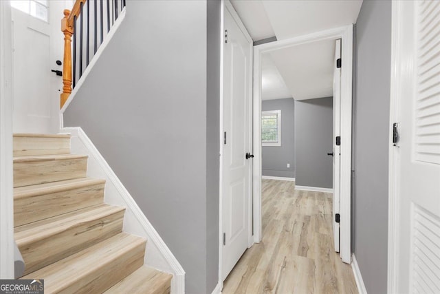 stairway with hardwood / wood-style flooring