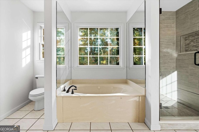 bathroom featuring tile patterned floors, toilet, and independent shower and bath