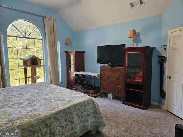 carpeted bedroom with lofted ceiling