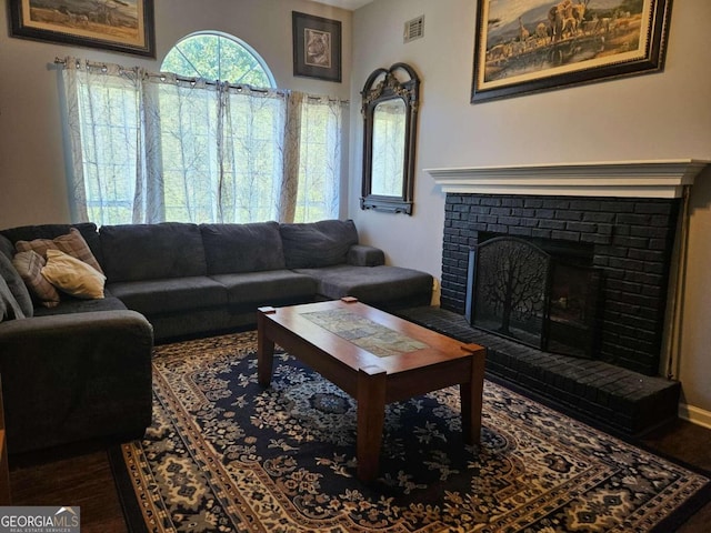 living room featuring a fireplace and wood-type flooring