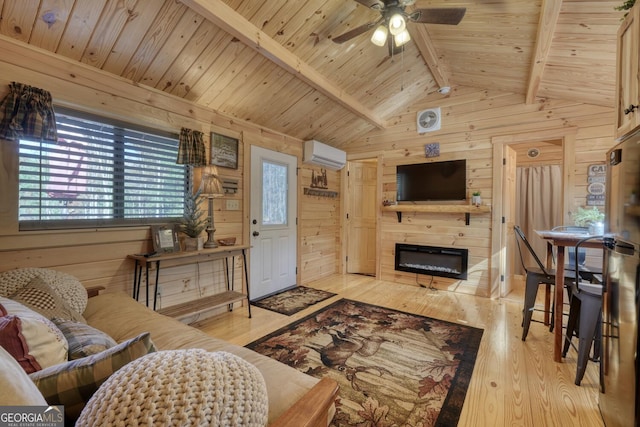 living room with vaulted ceiling with beams, wood walls, a wall mounted air conditioner, wooden ceiling, and light hardwood / wood-style flooring