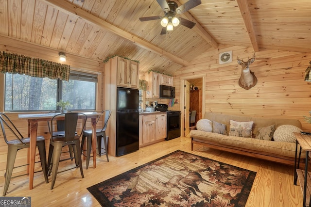 living room with wood walls, wooden ceiling, ceiling fan, lofted ceiling with beams, and light hardwood / wood-style flooring