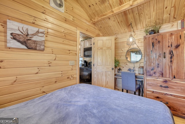 unfurnished bedroom with wooden walls, wood ceiling, and lofted ceiling