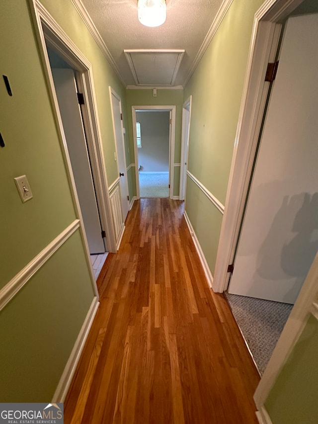 corridor featuring wood-type flooring, a textured ceiling, and crown molding