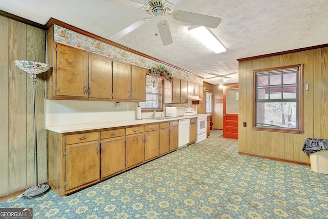 kitchen with white appliances, a healthy amount of sunlight, wooden walls, and crown molding