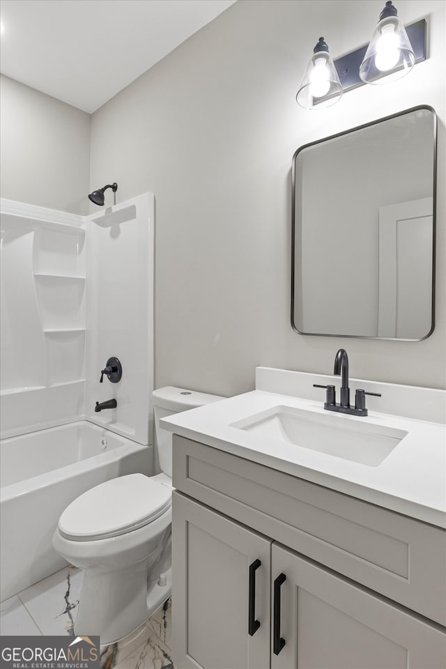 full bathroom with vanity, shower / bathtub combination, and toilet