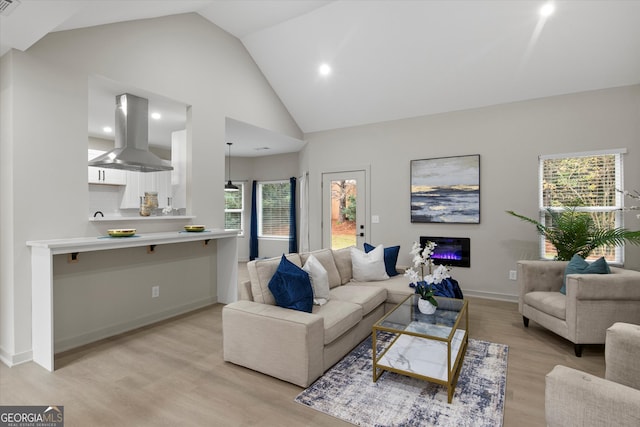 living room featuring high vaulted ceiling and light hardwood / wood-style flooring