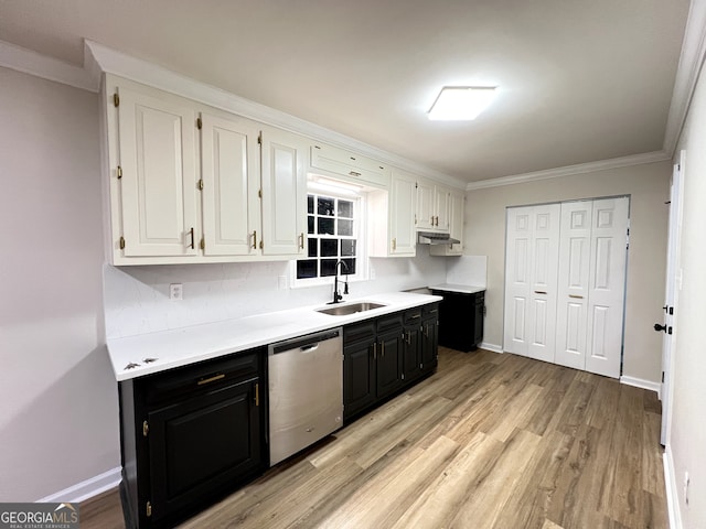 kitchen featuring sink, stainless steel dishwasher, light hardwood / wood-style flooring, crown molding, and white cabinets