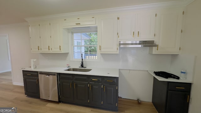 kitchen featuring light hardwood / wood-style floors, dishwasher, sink, crown molding, and white cabinetry