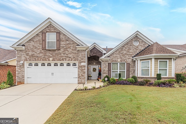 view of front of property with a garage and a front yard