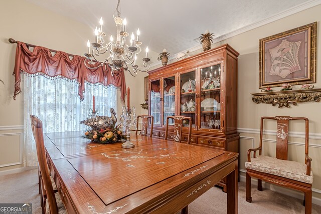 dining area with light carpet and a notable chandelier